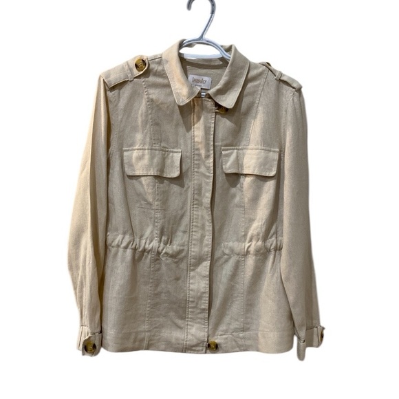 LAUNDRY by SHELLI SEGAL Linen Blend Jacket Coat Cinch Waist Zip Up Beige Small - Picture 1 of 11